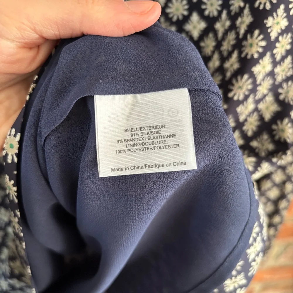 Tory Burch Navy Blue Silk Printed Long Sleeve Blouse Top, 8